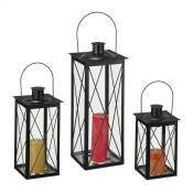 Lot de 3 lanternes, décoration intérieur et extérieur, 3 tailles, métal, verre, lampion pour bougies, noir - Relaxdays