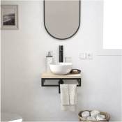 Meuble lave-mains SOHO plan fin p-serviette dessous vasque blanche +miroir - Décor chêne