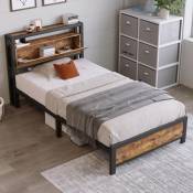 Redom - Lit simple 90x200 cm, tête de lit avec rangement, sommier à lattes, cadre de lit en métal, style campagne - Marron