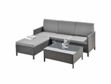 Salon de jardin design set de 3 meubles extérieurs ensemble de canapé tabouret table sièges avec coussins 4 places acier polyrotin verre polyester gri