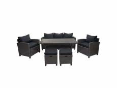 Salon de jardin ensemble table fauteuils poufs en polyrotin lounge gris coussin anthracite 04_0003241