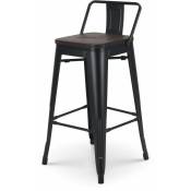 Tabouret de bar en métal noir mat style industriel avec dossier et assise en bois foncé - Hauteur 66cm - Kosmi