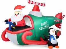 Costway père noël gonflable décoratif 190cm de long avec hélicoptère pingouin cadeau, décoration de noël avec lumières led, gonfleur