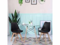 Ensemble de table et chaises scandinave - table ronde en verre avec pieds en bois et 2 chaises noires au design épuré, dimensions 54x54x82cm