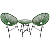 Salon de jardin 2 fauteuils ronds et table basse vert
