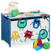 Coffre à jouets, motif monstres, malle avec couvercle, hlp : 39x60x36,5 cm, mdf, boîte rangement, bleu/blanc - Relaxdays