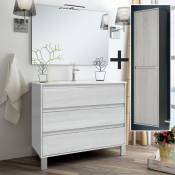 Ensemble meuble de salle de bain 100cm simple vasque + colonne de rangement - tiris - Hibernian (bois blanchi)