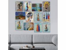 Lot de 12 tableaux abstrait aranea l20xh15cm motif femme africaine multicolore