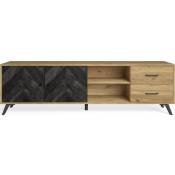 Meuble TV 2 portes 2 tiroirs effet bois noir à chevrons et bois naturel 180 cm - Delia