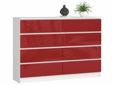 Commode akord k140 blanche 138 cm 8 tiroirs façade rouge brillante 138x40x99 cm meuble de rangement commode de chambre pour le salon couloir bureau dr