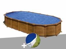 Kit piscine acier aspect bois gré amazonia ovale 7,44 x 3,99 x 1,32 m + bâche à bulles