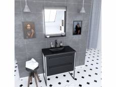 Meuble de salle de bain 80x50cm blanc - 2 tiroirs - vasque resine noire effet pierre - miroir led