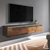Meuble TV contemporain anthracite et chêne avec LED 2 portes MALORIE - 140 cm