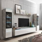 MILENA XL - Meuble TV contemporain gris béton et blanc laqué avec LED - Gris béton