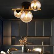 Plafonnier salon plafonnier design laiton noir boule lampe verre applique led intérieur, boule verre ambré, 3 flammes G9, 3x 3,5W 3x350 lm, 3000K,