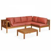 Salon de jardin bas d'angle 2 canapés, 1 fauteuil et une table en bois - Terracotta