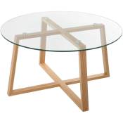 Table basse en verre pieds en bois naturel, modèle