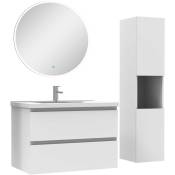 Acezanble - Ensemble meubles simple vasque 80cm,colonne + miroir rond lumineux Blanc