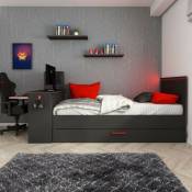 Chambre à coucher avec lit simple escamotable et bureau intégré, couleur anthracite et rouge réversible