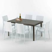 Grand Soleil - Table rectangulaire 6 chaises Poly rotin resine 150x90 marron Focus Chaises Modèle: Bistrot Arm Blanc