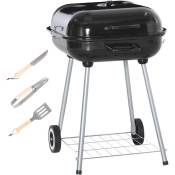 Outsunny - Barbecue à charbon - bbq grill sur pied avec couvercle, roulettes - étagère, 3 crochets, 3 ustensiles, 2 grilles - acier émaillé noir