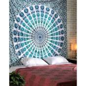 Paon tenture murale tapisserie coton bleu turquoise