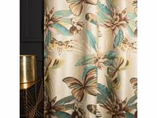 Rideau tamisant 135 x 280 cm à oeillets jacquard editeur motif floral avec papillons bruns satiné fond beige naturel