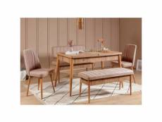 Set table extensible, 2 chaises, banc et banquette malva bois clair et tissu beige
