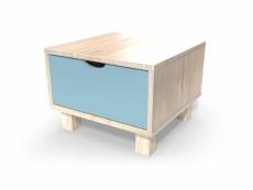 Table de chevet bois cube + tiroir vernis naturel,bleu pastel CHEVCUB-VBP