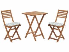 Table et 2 chaises de jardin en bois avec coussins