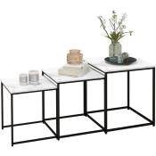 Homcom - Lot de 3 tables basses gigognes carrées style contemporain - acier noir panneaux aspect marbre blanc - Blanc