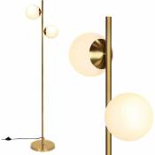 Lampadaire à 2 Globes en Verre Dépoli, Lampe sur Pied Moderne avec Interrupteur à Pied et Poteau Métallique, Culots d'Ampoule E27, 2 ampoules à led