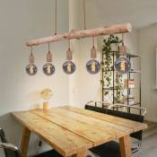 Lampe suspendue, lampe en bois, lampe suspendue, lampe de table à manger, 5 lumières, style campagnard, aspect bois, marron, métal, couleur rouille,