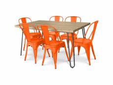 Pack table à manger - design industriel 150cm + pack de 6 chaises à manger - design industriel - hairpin stylix orange