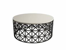 Table basse ovale ellipticum support grille ajouré bois blanc crème et métal noir