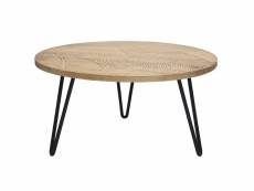 Table basse ronde gravée bois clair manguier massif et métal noir d80 cm vibes