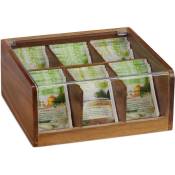 Boîte à thé bois acacia, coffret 90 sachets thé, couvercle, 6 compartiments, HxlxP: 9,5 x 22 x 20,5 cm, nature - Relaxdays