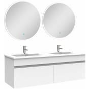 Ensemble meubles Salle de Bain double vasque 120cm + miroir rond lumineux Blanc