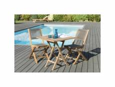 Harris - salon de jardin en bois teck 2 pers - ensemble de jardin - 1 table carrée pliante 70 cm et 2 chaises textilène taupe