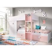 Lit pour enfants Dbajram, Chambre complète avec armoire et tiroirs, Composition de lits superposés avec deux lits simples, 271x111h150 cm, Blanc et