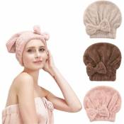 Marron/kaki/rose) Lot de 3 bonnets super absorbants à séchage rapide, bonnets pour cheveux secs en velours corail, serviette de tête douce, turban de