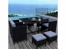 Munga 8 places - ensemble encastrable salon - table de jardin résine tressée-noir-gris