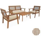 Salon de jardin en bois et cannage canapé 2 places. 2 fauteuils. 1 table basse - Bohémia 117x64x74 cm Cannage carré / Bois couleur teck
