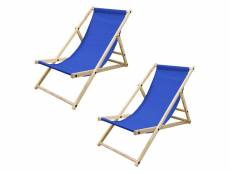 Set 2x chaise longue pliante bois de pin, bleu foncé 120kg, dossier réglable à 3 positions de couchage bain de soleil intérieur/extérieur