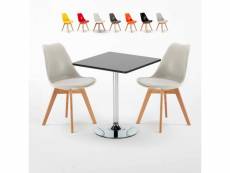Table noire carrée 70x70cm avec 2 chaises colorées