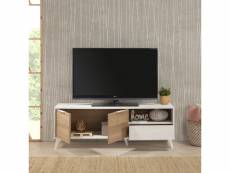 Vs venta-stock meuble tv koln 2 portes et 1 tiroir,couleur blanc brossée et bois 136,5 cm (largeur) 40 cm (profondeur) 48,5 (hauteur) T21048
