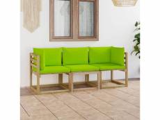 Canapé de jardin 3 places avec coussins vert vif