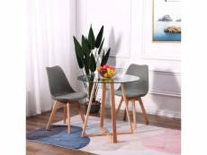 Ensemble de table et chaises scandinave - table ronde en verre avec pieds en bois et 2 chaises grises au design épuré, dimensions 54x54x82cm