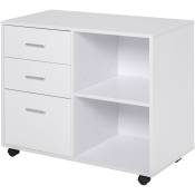 Homcom - Support d'imprimante organiseur bureau caisson 3 tiroirs + 2 niches + grand plateau panneaux particules blanc - Blanc