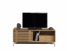 Meuble tv 1 tiroir et 1 porte coulissante kuara 100cm métal blanc et bois chêne clair